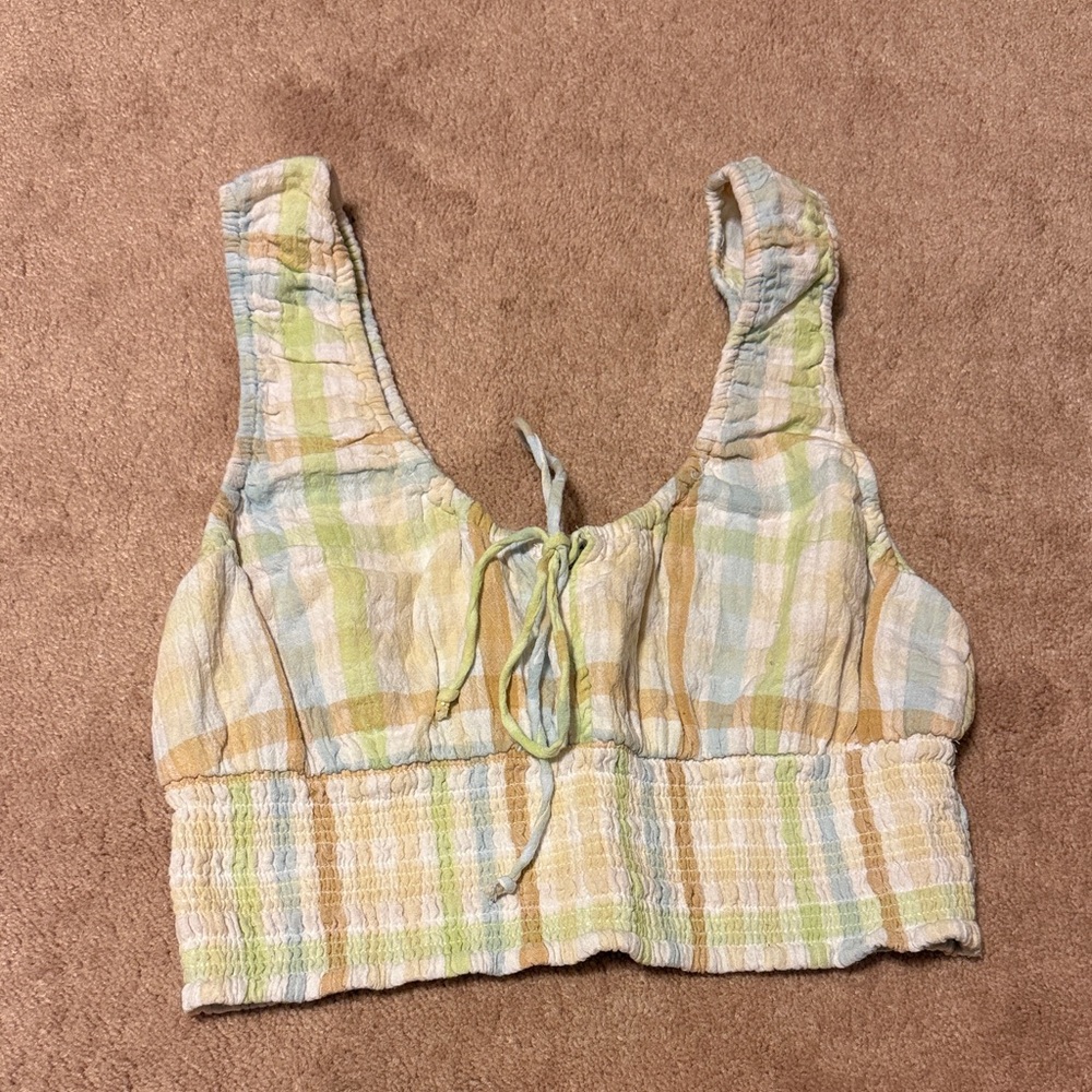 American Eagle Outfitters Pastel Yellow & Green Plaid Smocked Crop Top
